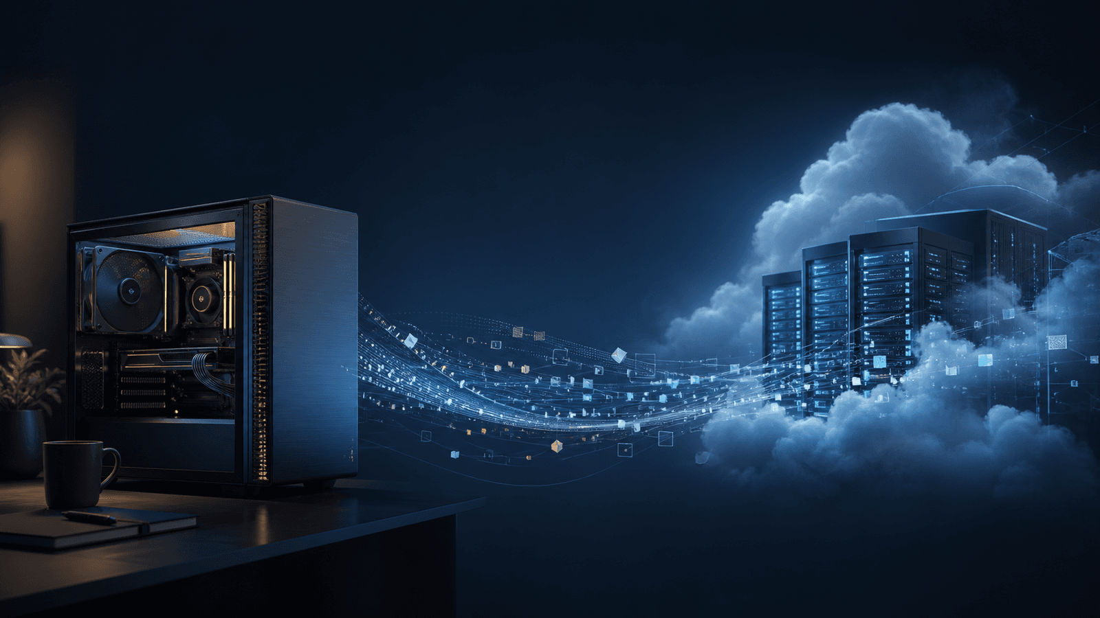 An illustrated local AI workstation connected to cloud infrastructure
