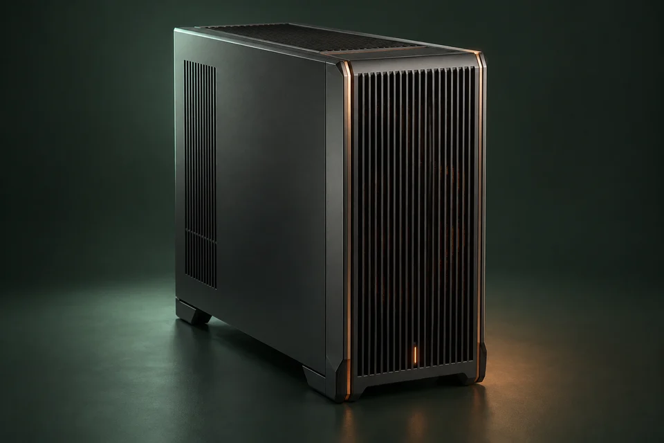 AI-generated concept of a graphite workstation tower for the hypothetical AMD scenario, not a real product