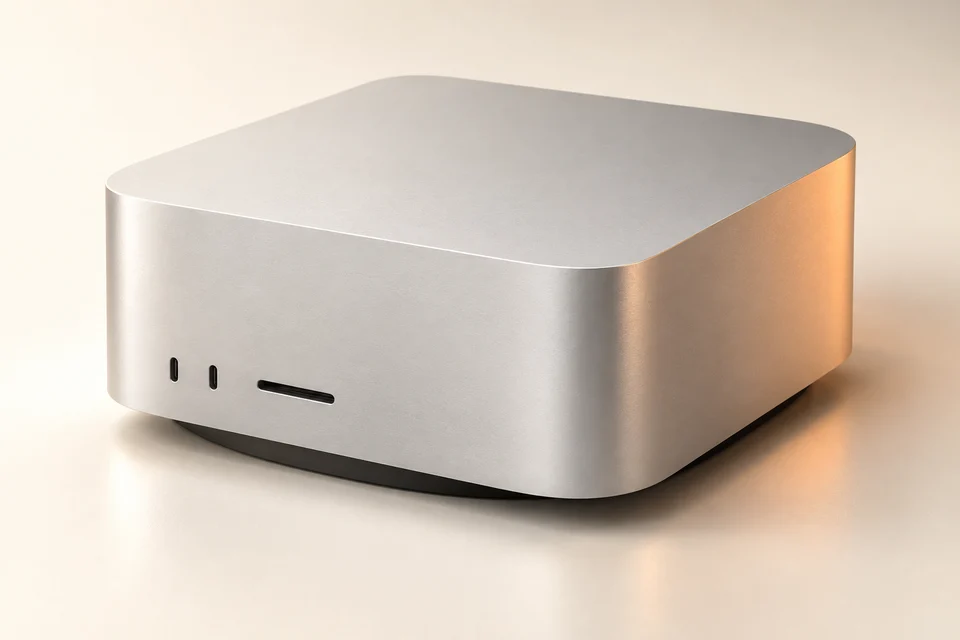 AI-generated illustration of a silver Mac Studio-style desktop for the M3 Ultra reference